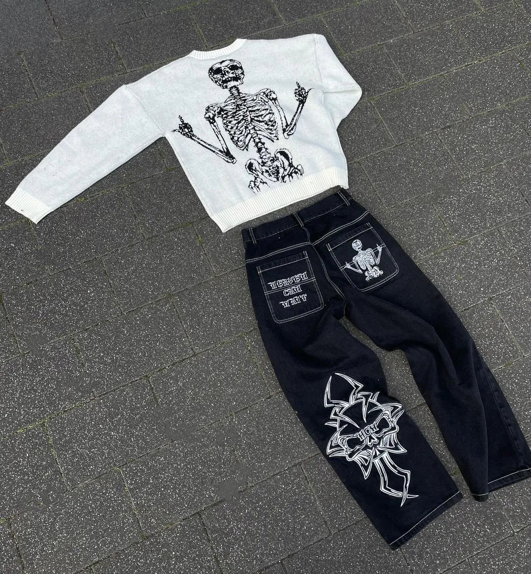 Y2K Mens Straight Leg Jeans With Skull 